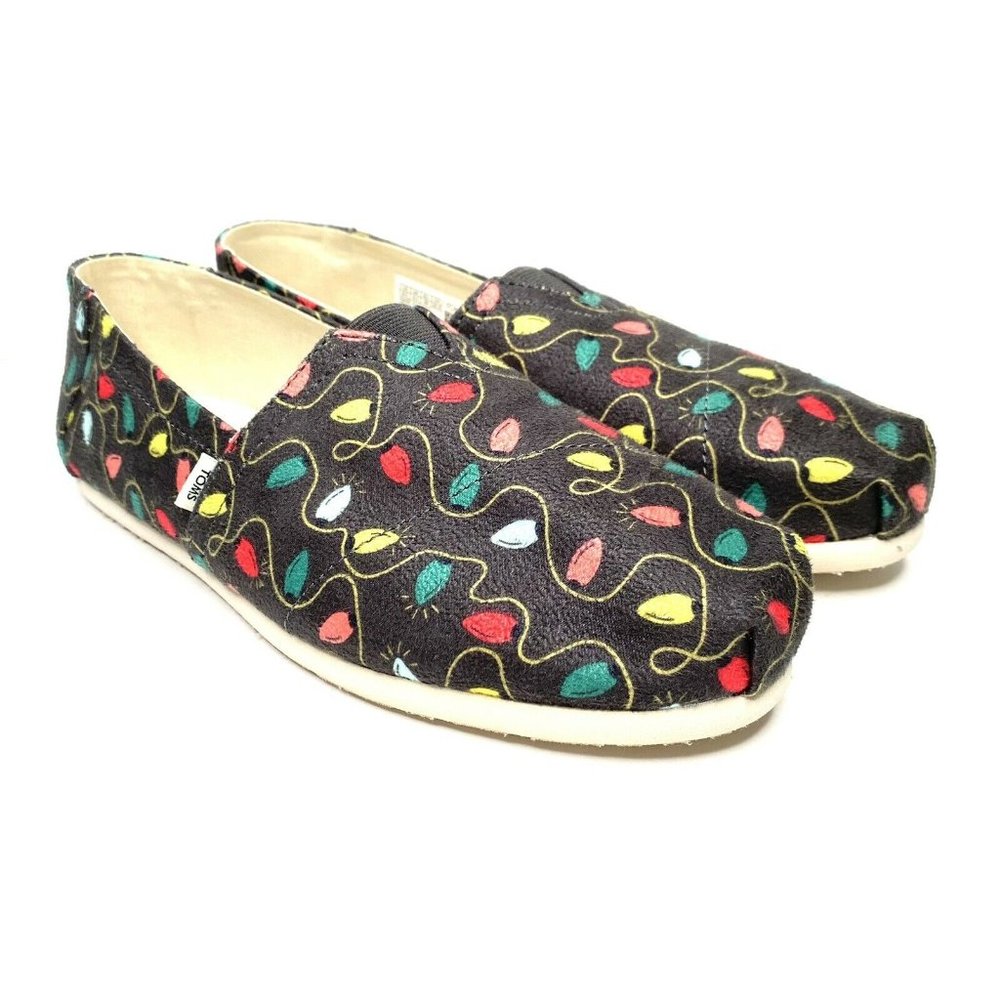 TOMS Christmas Women’s Forged Iron Tree Lights Print Holiday Flat Shoes Size 6.5